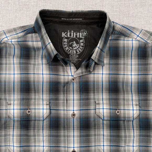 KUHL Response Button Shirt Men XL Gray Blue Plaid Short Sleeve Outdoor Hike GORP - Picture 2 of 12